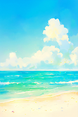 JPG 구름 파도 하늘색 일러스트 하늘 해변 사람없음 햇빛 맑음 여름풍경 시원함 감성 화창 국내일러스트 AI일러스트 AI콘텐츠 자연요소 바다 컨셉 날씨 풍경 파란색 태양 파일형식 여름_계절