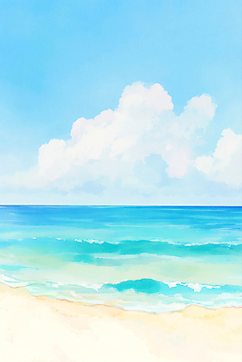 JPG 구름 파도 하늘색 일러스트 하늘 해변 사람없음 햇빛 맑음 여름풍경 시원함 감성 화창 국내일러스트 AI일러스트 AI콘텐츠 자연요소 바다 컨셉 날씨 풍경 파란색 태양 파일형식 여름_계절