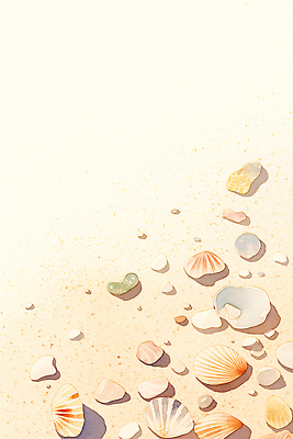 JPG 일러스트 해변 사람없음 모래사장 햇빛 여름풍경 조약돌 조개껍데기 시원함 감성 살구색 국내일러스트 AI일러스트 AI콘텐츠 바다 컬러 컨셉 조개 풍경 태양 돌_바위 파일형식 여름_계절