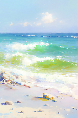 JPG 구름 파도 일러스트 하늘 해변 사람없음 파란색 햇빛 여름풍경 돌_바위 시원함 감성 국내일러스트 AI일러스트 AI콘텐츠 자연요소 바다 컬러 컨셉 풍경 태양 파일형식 여름_계절