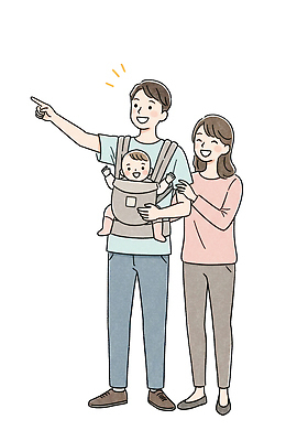 전신 PSD 여자 남자 행복 일러스트 가정 가족 사랑 가족애 미소 앉기 성인 세명 손들기 가리킴 아기 가정의달 아기띠 일러캐릭터 캐릭터 감정 관계 모션 표정 사람 손짓 아기용품 5월 파일형식