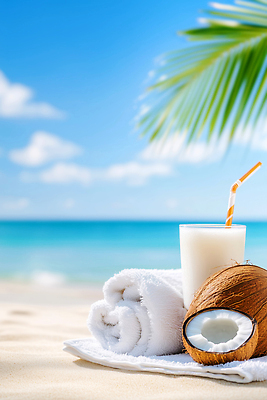 JPG 구름 편집이미지 잎 하늘 잔 빨대 해변 사람없음 수건 여름풍경 휴양지 코코넛주스 편집실사 AI포토 AI콘텐츠 자연요소 식물 식기 바다 풍경 위생용품 주스 장소 CG 코코넛 파일형식 여름_계절