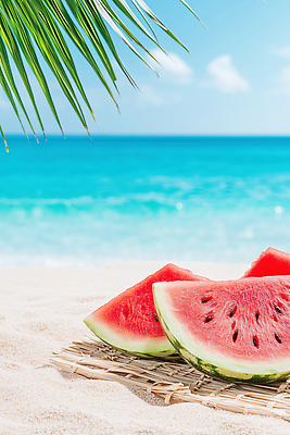 JPG 구름 편집이미지 잎 하늘 해변 사람없음 모래사장 여름풍경 휴양지 수박조각 편집실사 AI포토 AI콘텐츠 자연요소 식물 바다 조각 수박 풍경 장소 CG 파일형식 여름_계절