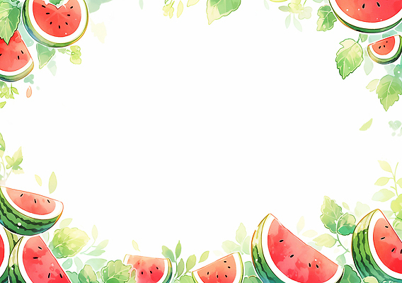 JPG 잎 일러스트 여름음식 수채화 프레임 사람없음 수박조각 카피스페이스 국내일러스트 AI일러스트 AI콘텐츠 식물 음식 조각 수박 공백 파일형식 여름_계절