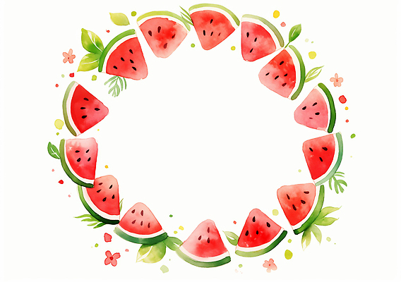 JPG 꽃 잎 일러스트 여름음식 수채화 프레임 사람없음 수박조각 카피스페이스 국내일러스트 AI일러스트 AI콘텐츠 식물 음식 조각 수박 공백 파일형식 여름_계절