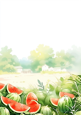 JPG 나무 일러스트 여름음식 수채화 주택 사람없음 풀잎 수박조각 국내일러스트 AI일러스트 AI콘텐츠 식물 음식 조각 잎 수박 건물 풀_식물 파일형식 여름_계절