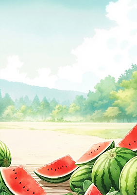 JPG 나무 구름 잎 일러스트 하늘 여름음식 수채화 산 사람없음 수박조각 국내일러스트 AI일러스트 AI콘텐츠 자연요소 식물 음식 조각 수박 파일형식 여름_계절