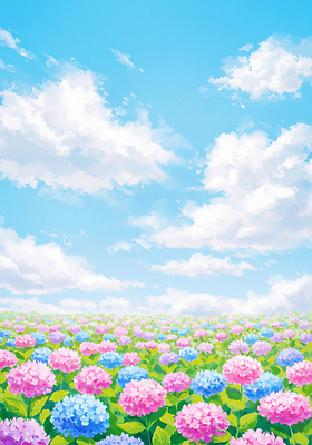JPG 구름 잎 꽃밭 일러스트 여름꽃 자연 하늘 수채화 사람없음 여름풍경 수국 수국축제 국내일러스트 AI일러스트 AI콘텐츠 자연요소 식물 꽃 풍경 축제 생태계 꽃축제 파일형식 여름_계절