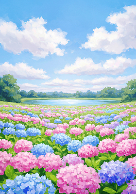 JPG 나무 구름 호수 잎 꽃밭 일러스트 여름꽃 자연 하늘 수채화 사람없음 여름풍경 수국 수국축제 국내일러스트 AI일러스트 AI콘텐츠 자연요소 식물 꽃 풍경 축제 생태계 꽃축제 파일형식 여름_계절