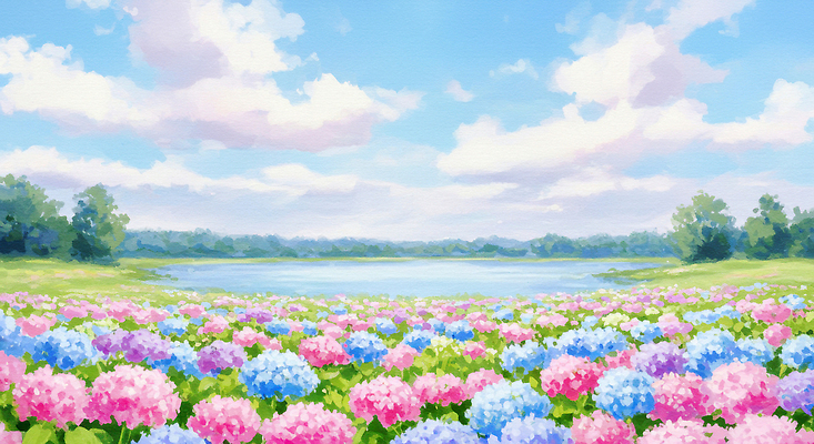 JPG 나무 구름 호수 잎 꽃밭 일러스트 여름꽃 자연 하늘 수채화 사람없음 여름풍경 수국 수국축제 국내일러스트 AI일러스트 AI콘텐츠 자연요소 식물 꽃 풍경 축제 생태계 꽃축제 파일형식 여름_계절
