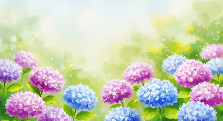 JPG 잎 일러스트 여름꽃 자연 수채화 사람없음 여름풍경 수국 수국축제 국내일러스트 AI일러스트 AI콘텐츠 식물 꽃 풍경 축제 생태계 꽃축제 파일형식 여름_계절