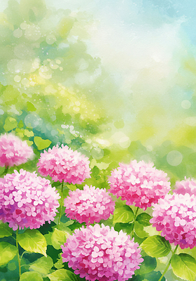 JPG 잎 일러스트 여름꽃 자연 수채화 사람없음 햇빛 여름풍경 보케 수국 수국축제 국내일러스트 AI일러스트 AI콘텐츠 식물 꽃 풍경 태양 축제 생태계 꽃축제 파일형식 여름_계절