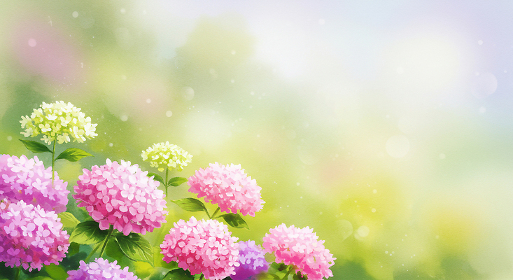 JPG 잎 일러스트 여름꽃 자연 수채화 사람없음 햇빛 여름풍경 보케 수국 수국축제 국내일러스트 AI일러스트 AI콘텐츠 식물 꽃 풍경 태양 축제 생태계 꽃축제 파일형식 여름_계절