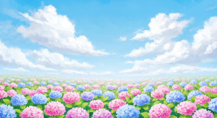 JPG 구름 잎 꽃밭 일러스트 여름꽃 자연 하늘 수채화 사람없음 여름풍경 수국 수국축제 국내일러스트 AI일러스트 AI콘텐츠 자연요소 식물 꽃 풍경 축제 생태계 꽃축제 파일형식 여름_계절