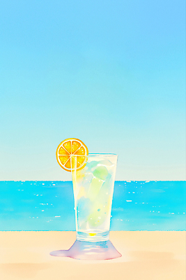 JPG 음료 하늘색 일러스트 하늘 잔 수채화 그림자 해변 사람없음 모래사장 여름풍경 슬라이스 오렌지조각 국내일러스트 AI일러스트 AI콘텐츠 식기 바다 오렌지 풍경 파란색 파일형식 여름_계절