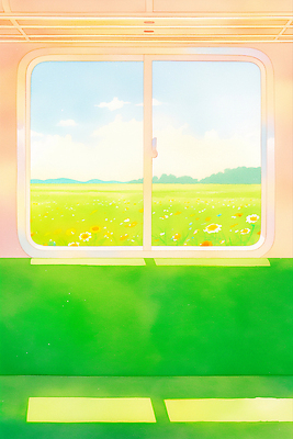 JPG 구름 꽃밭 일러스트 창문 하늘 수채화 그림자 사람없음 햇빛 여름풍경 기차 풀 국내일러스트 AI일러스트 AI콘텐츠 자연요소 식물 꽃 육상교통 대중교통 풍경 태양 파일형식 여름_계절