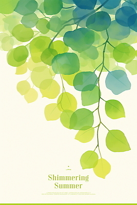 PSD 일러스트 나뭇잎 수채화 사람없음 초록색 여름풍경 나뭇가지 국내일러스트 나무 컬러 잎 풍경 파일형식 여름_계절