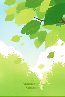 PSD 구름 일러스트 하늘 나뭇잎 수채화 사람없음 초록색 여름풍경 나뭇가지 국내일러스트 자연요소 나무 컬러 잎 풍경 파일형식 여름_계절