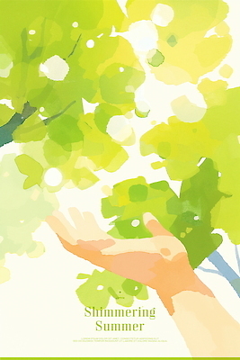 PSD 손 일러스트 나뭇잎 수채화 그림자 신체부위 초록색 햇빛 손들기 여름풍경 나뭇가지 국내일러스트 나무 컬러 잎 모션 사람 풍경 태양 파일형식 여름_계절