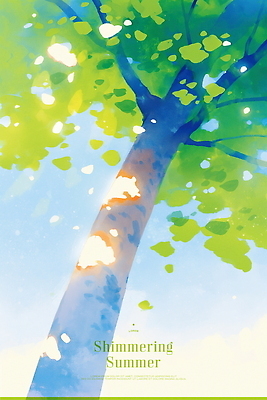 PSD 나무 일러스트 하늘 나뭇잎 수채화 사람없음 초록색 파란색 햇빛 여름풍경 국내일러스트 식물 컬러 잎 풍경 태양 파일형식 여름_계절