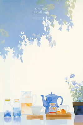 PSD 꽃 화분 빵 일러스트 주전자 나뭇잎 수채화 그림자 풍경 사람없음 일상 파란색 반사 병 찻잔 힐링 나무받침 국내일러스트 식물 식기 음식 컬러 잎 주방용품 잔 라이프 목재 받침대 파일형식