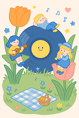 전신 모자 여자 남자 어린이 잎 연주 음표 일러스트 미소 들기 앉기 소녀 소년 잔디 세명 눕기 눈감음 튤립 기타 하트 레코드 나팔 즐거움 돗자리 과일바구니 음악축제 어린이만 봄축제 국내일러스트 AI파일 모양 식물 기호 잡화 꽃 감정 악기 음악 과일 모션 현악기 표정 사람 바구니 축제 봄 음반 파일형식 벡터