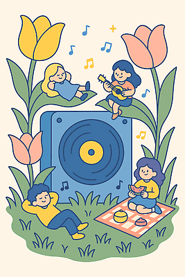 전신 여자 남자 어린이 잎 연주 음표 일러스트 미소 들기 앉기 소녀 소년 잔디 여러명 반짝임 눕기 눈감음 스피커 튤립 다리꼬기 기타 즐거움 돗자리 수박조각 음악축제 어린이만 봄축제 국내일러스트 AI파일 식물 기호 꽃 감정 음악 조각 음향기기 다수 모션 현악기 수박 표정 사람 축제 봄 파일형식 벡터