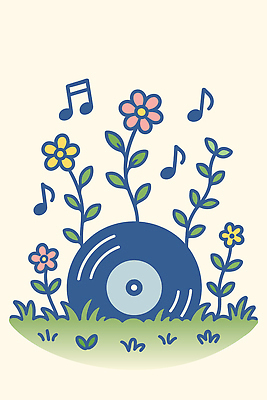 꽃 잎 음표 일러스트 잔디 사람없음 레코드 즐거움 음악축제 봄축제 국내일러스트 AI파일 식물 기호 감정 음악 축제 봄 음반 파일형식 벡터