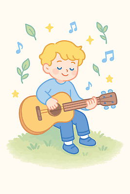 전신 남자 어린이 잎 연주 음표 일러스트 한명 미소 들기 앉기 소년 잔디 반짝임 눈감음 기타 즐거움 음악축제 소년한명만 봄축제 국내일러스트 AI파일 식물 1 기호 감정 음악 모션 현악기 표정 사람 축제 봄 남자한명만 소년만 파일형식 벡터
