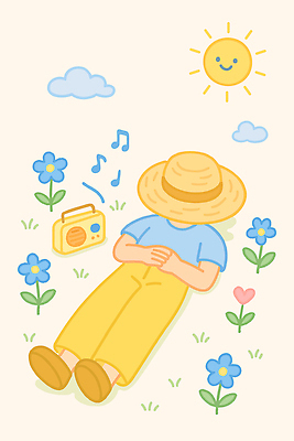 전신 구름 모자 꽃 잎 음표 일러스트 그림자 한명 미소 사람 잔디 눕기 태양 스피커 즐거움 손모으기 음악축제 봄축제 국내일러스트 AI파일 자연요소 식물 1 기호 잡화 감정 음악 음향기기 모션 표정 손짓 축제 봄 파일형식 벡터