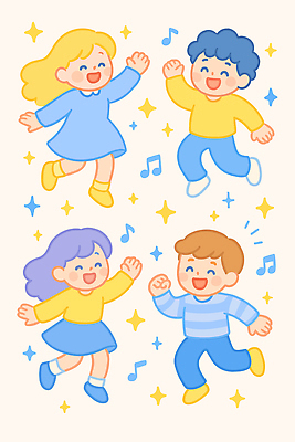 전신 여자 남자 어린이 음표 일러스트 소녀 소년 여러명 반짝임 손들기 춤 즐거움 다리들기 음악축제 어린이만 봄축제 국내일러스트 AI파일 기호 감정 음악 다수 모션 문화예술 사람 축제 봄 파일형식 벡터