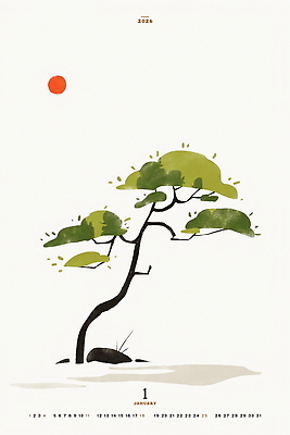 PSD 일러스트 그림자 수묵화 사람없음 태양 달력 돌_바위 소나무 동양화 1월 2026년 국내일러스트 자연요소 나무 미술 날짜 연도 파일형식