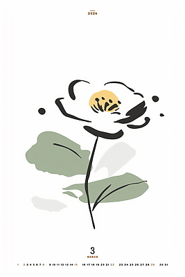 PSD 꽃 잎 일러스트 그림자 수묵화 사람없음 달력 3월 동양화 2026년 국내일러스트 식물 미술 날짜 연도 파일형식