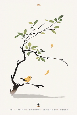 PSD 일러스트 조류 나뭇잎 그림자 수묵화 사람없음 달력 나뭇가지 4월 동양화 2026년 국내일러스트 나무 동물 잎 미술 날짜 연도 파일형식