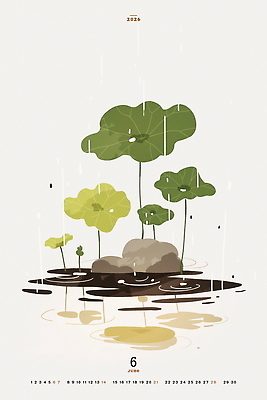 PSD 일러스트 물그림자 수묵화 사람없음 달력 돌_바위 연못 비 수면 6월 동양화 연잎 2026년 국내일러스트 자연요소 잎 날씨 그림자 미술 물 날짜 연도 파일형식