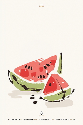 PSD 일러스트 그림자 수묵화 사람없음 달력 동양화 슬라이스 8월 수박조각 2026년 국내일러스트 조각 수박 미술 날짜 연도 파일형식