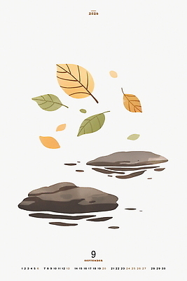 PSD 낙엽 일러스트 나뭇잎 수묵화 사람없음 달력 떨어짐 9월 동양화 웅덩이 2026년 국내일러스트 컨셉 잎 미술 날짜 연도 파일형식
