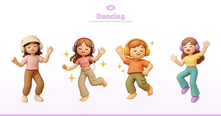 전신 PSD 편집이미지 모자 여자 남자 어린이 3D캐릭터 웃음 소녀 소년 여러명 반짝임 3D 손들기 눈감음 보라색 헤드폰 춤 즐거움 다리들기 엘리먼트 어린이만 편집3D 캐릭터 잡화 감정 컬러 음향기기 다수 모션 문화예술 표정 사람 디지털합성 파일형식