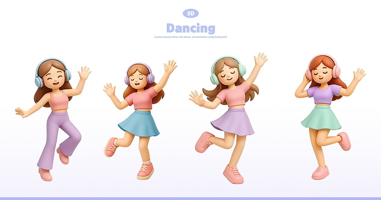전신 PSD 편집이미지 여자 3D캐릭터 웃음 여러명 성인 3D 손들기 눈감음 헤드폰 춤 잡기 즐거움 다리들기 엘리먼트 성인여자만 편집3D 캐릭터 감정 음향기기 다수 모션 문화예술 표정 사람 디지털합성 여자만 성인만 파일형식