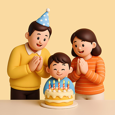 PSD 편집이미지 여자 남자 행복 어린이 가족 3D캐릭터 미소 소년 상반신 성인 세명 3D 고깔모자 생일 불기 생일케이크 박수 즐거움 생일초 베이지색 편집3D 캐릭터 모자_잡화 기념일 감정 컬러 초 관계 모션 표정 사람 손짓 케이크 디지털합성 파일형식