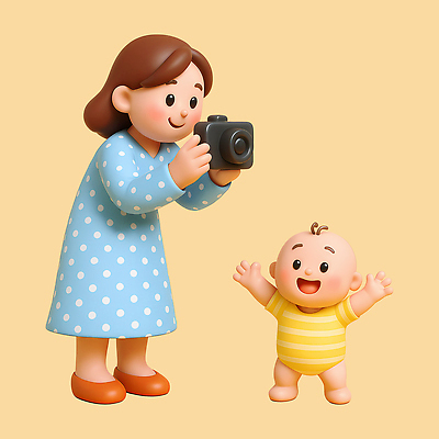 전신 PSD 편집이미지 여자 행복 가족 3D캐릭터 서기 미소 들기 성인 두명 3D 카메라 사진촬영 만세 아기 즐거움 걸음마 베이지색 편집3D 캐릭터 감정 컬러 관계 모션 표정 사람 전자제품 촬영 디지털합성 파일형식