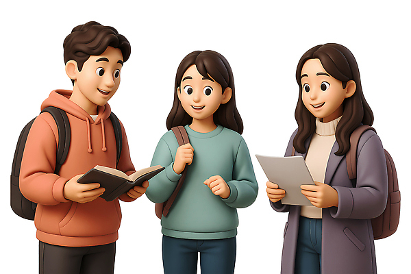 PSD 편집이미지 여자 남자 행복 대학생 대학생라이프 책가방 3D캐릭터 미소 들기 상반신 성인 책 세명 3D 캠퍼스라이프 잡기 즐거움 성인만 편집3D 캐릭터 학생 라이프스타일 감정 가방 모션 표정 사람 디지털합성 파일형식