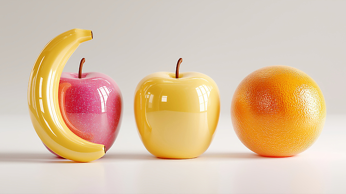 JPG 편집이미지 오렌지 바나나 그림자 사람없음 빛 반사 3D 모형 배 사과 입체 광택 편집실사 편집3D AI포토 AI콘텐츠 과일 디지털합성 CG 파일형식