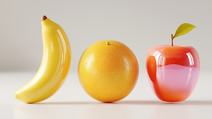 JPG 편집이미지 오렌지 바나나 그림자 사람없음 빛 반사 3D 모형 사과 입체 광택 편집실사 편집3D AI포토 AI콘텐츠 과일 디지털합성 CG 파일형식
