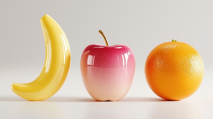JPG 편집이미지 오렌지 바나나 그림자 사람없음 빛 반사 3D 모형 사과 입체 광택 편집실사 편집3D AI포토 AI콘텐츠 과일 디지털합성 CG 파일형식