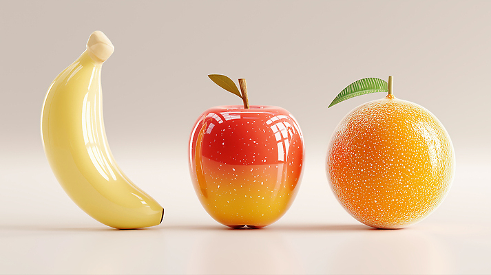 JPG 편집이미지 오렌지 바나나 그림자 사람없음 빛 반사 3D 모형 사과 입체 광택 편집실사 편집3D AI포토 AI콘텐츠 과일 디지털합성 CG 파일형식