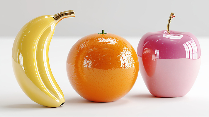 JPG 편집이미지 오렌지 바나나 그림자 사람없음 빛 반사 3D 모형 사과 입체 광택 편집실사 편집3D AI포토 AI콘텐츠 과일 디지털합성 CG 파일형식