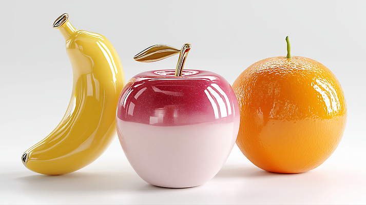 JPG 편집이미지 오렌지 바나나 그림자 사람없음 빛 반사 3D 모형 사과 입체 광택 편집실사 편집3D AI포토 AI콘텐츠 과일 디지털합성 CG 파일형식