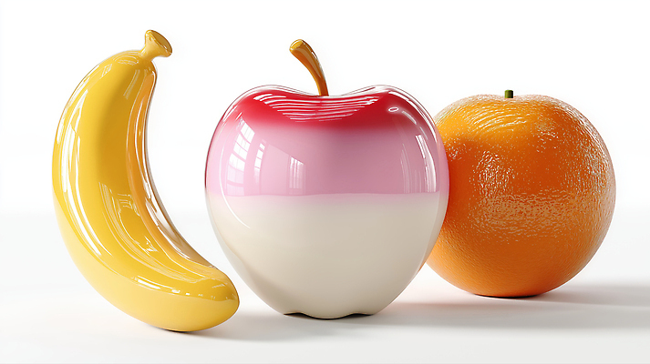 JPG 편집이미지 오렌지 바나나 그림자 사람없음 빛 반사 3D 모형 사과 입체 광택 편집실사 편집3D AI포토 AI콘텐츠 과일 디지털합성 CG 파일형식