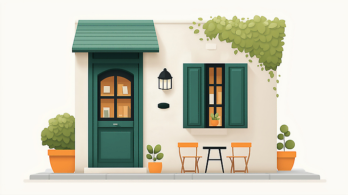 JPG 식물 화분 의자 일러스트 창문 탁자 조명 사람없음 건물 문 카페 차양막 국내일러스트 AI일러스트 AI콘텐츠 건축물 가구 상점 차양 파일형식